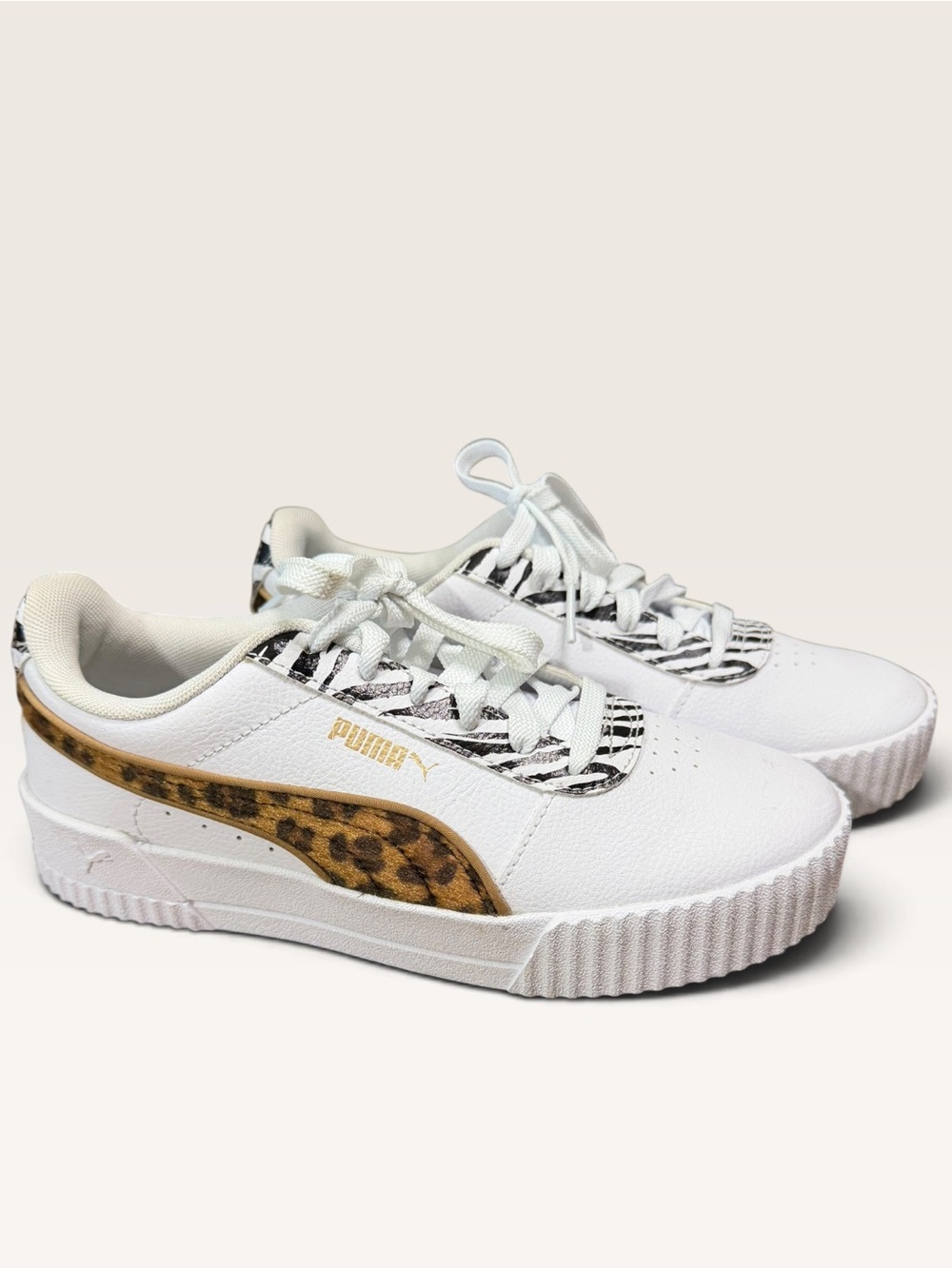 Puma White Sneakers with Pony Hair Leopard Stripe and Zebra Detail